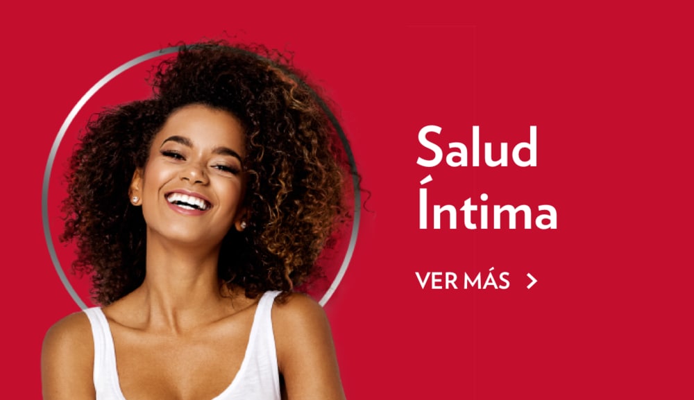Mujer feliz en un fondo rojo con el título salud íntima y un botón de explorar
